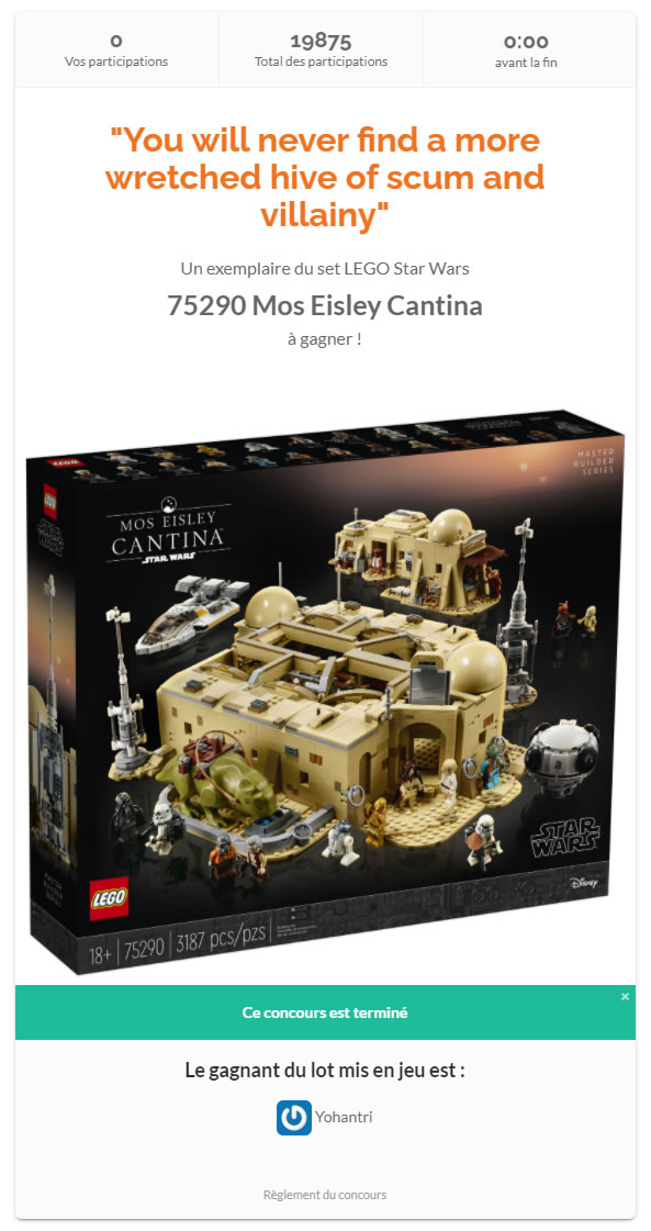 resultat concours lego 75290 cantina